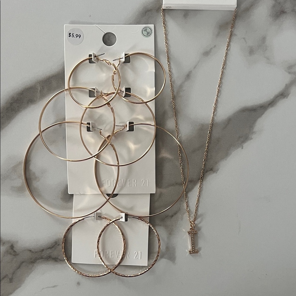 Forever 21 Gold Hoop Earrings Set and necklace letter I. #4